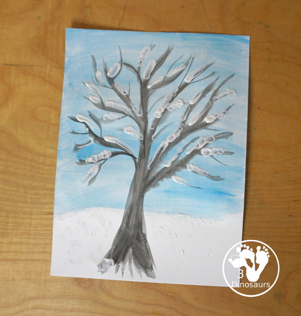 Winter Tree Painting Craft For Kids a fun mixed watercolor and q-tip painting winter tree for kids. A fun winter painting idea for kids that can do at different levels. - 3Dinosaurs.com