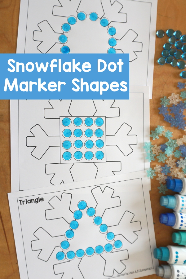 Free Snowflake Dot Marker Printable - fun dot marker shapes with a snowflake theme. You have dot shape outline and dot marker shape fill in for the shape dot marker printables and all fun with a snowflake theme for kids.  - 3Dinosaurs.com