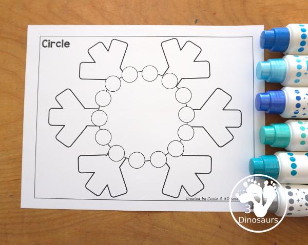 Free Snowflake Dot Marker Printable - fun dot marker shapes with a snowflake theme. You have dot shape outline and dot marker shape fill in for the shape dot marker printables and all fun with a snowflake theme for kids.  - 3Dinosaurs.com