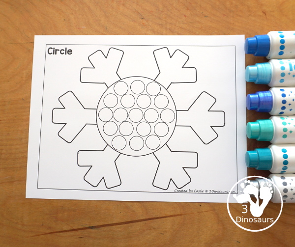 Free Snowflake Dot Marker Printable - fun dot marker shapes with a snowflake theme. You have dot shape outline and dot marker shape fill in for the shape dot marker printables and all fun with a snowflake theme for kids.  - 3Dinosaurs.com
