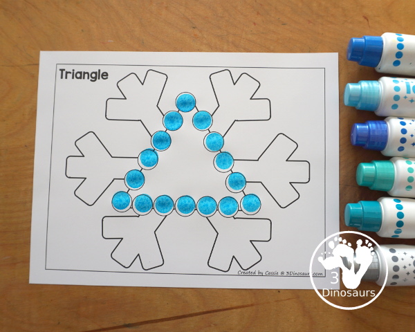 Free Snowflake Dot Marker Printable - fun dot marker shapes with a snowflake theme. You have dot shape outline and dot marker shape fill in for the shape dot marker printables and all fun with a snowflake theme for kids. - 3Dinosaurs.com