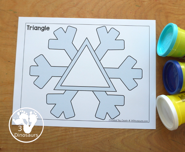 Free Snowflake Shape Playdough Mat Printables - 12 shape playdough mats that work great for a winter shape printable for kids. You have a color version and a black and white version. 3Dinosaurs.com