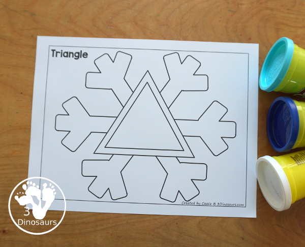 Free Snowflake Shape Playdough Mat Printables - 12 shape playdough mats that work great for a winter shape printable for kids. You have a color version and a black and white version. 3Dinosaurs.com