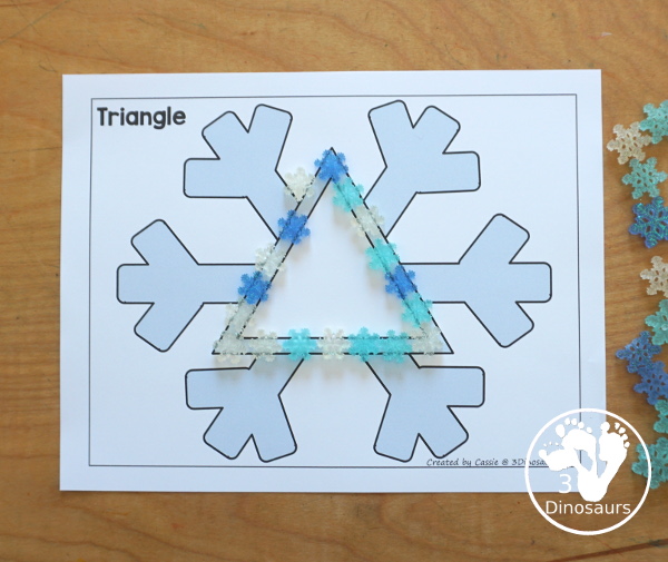 Free Snowflake Shape Playdough Mat Printables - 12 shape playdough mats that work great for a winter shape printable for kids. You have a color version and a black and white version. 3Dinosaurs.com