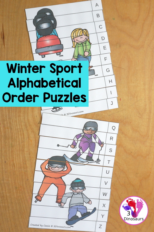 Free Winter Sports Alphabetical Order Puzzle Printables has three puzzles for kids to put the uppercase letters in order. The puzzles start with letters at the top and work their way down to put them in ascending order. 3Dinosaurs.com