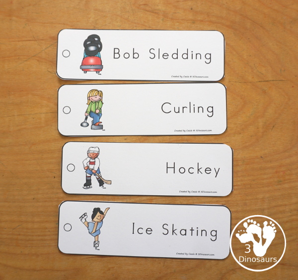 Free Winter Sports Bookmark Printables - 9 fun winter sports for kids to have for the winter sports bookmarks. A picture of the sport and the sport word on the bookmark. 3Dinosaurs.com