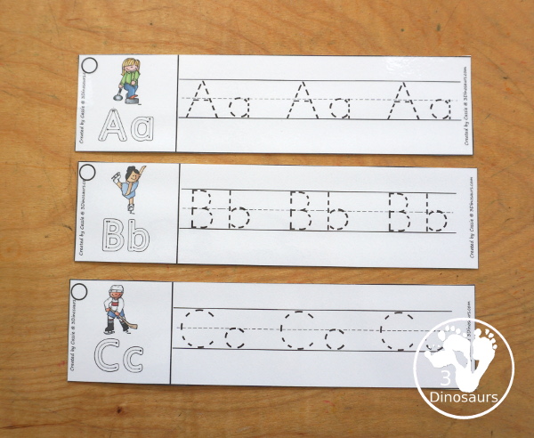 Free Winter Sports ABC Tracing Strips - with uppercase and lowercase together. You have fun kids with a Winter Sports- plus you can see an example of how to trace the letters - 3Dinosaurs.com