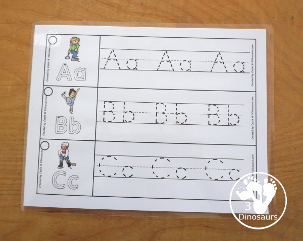 Free Winter Sports ABC Tracing Strips - with uppercase and lowercase together. You have fun kids with a Winter Sports- plus you can see an example of how to trace the letters - 3Dinosaurs.com