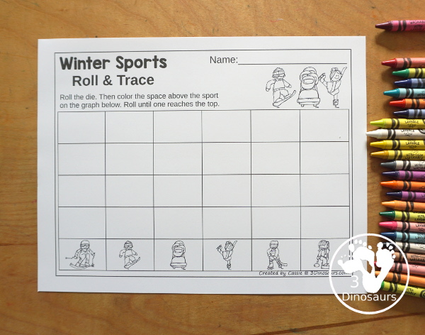 Winter Sports Roll & Graph With Trace Letters, Numbers & Shapes with a folding die and cube die with a graphing sheet, graphing with tracing numbers, graphing with tracing letters and graphing with tracing shapes. All with a fun sport theme for winter for prek and kindergarten - 3Dinosaurs.com