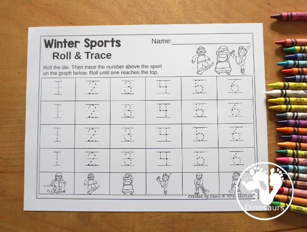 Winter Sports Roll & Graph With Trace Letters, Numbers & Shapes with a folding die and cube die with a graphing sheet, graphing with tracing numbers, graphing with tracing letters and graphing with tracing shapes. All with a fun sport theme for winter for prek and kindergarten - 3Dinosaurs.com