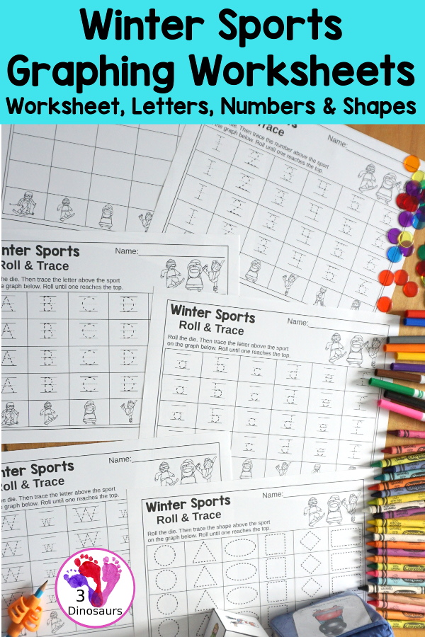 Winter Sports Roll & Graph With Trace Letters, Numbers & Shapes with a folding die and cube die with a graphing sheet, graphing with tracing numbers, graphing with tracing letters and graphing with tracing shapes. All with a fun sport theme for winter for prek and kindergarten - 3Dinosaurs.com