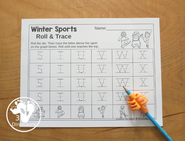 Winter Sports Roll & Graph With Trace Letters, Numbers & Shapes with a folding die and cube die with a graphing sheet, graphing with tracing numbers, graphing with tracing letters and graphing with tracing shapes. All with a fun sport theme for winter for prek and kindergarten - 3Dinosaurs.com