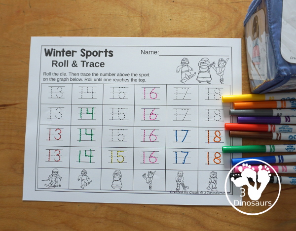 Winter Sports Roll & Graph With Trace Letters, Numbers & Shapes with a folding die and cube die with a graphing sheet, graphing with tracing numbers, graphing with tracing letters and graphing with tracing shapes. All with a fun sport theme for winter for prek and kindergarten - 3Dinosaurs.com