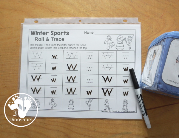 Winter Sports Roll & Graph With Trace Letters, Numbers & Shapes with a folding die and cube die with a graphing sheet, graphing with tracing numbers, graphing with tracing letters and graphing with tracing shapes. All with a fun sport theme for winter for prek and kindergarten - 3Dinosaurs.com