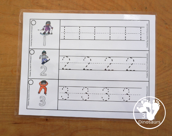 Free Winter Sports Number Tracing Strips - with numbers 0 to 20. You can tracing the numbers and an example of how to trace the numbers on the strips, plus a different winter sports on each tracing strip. - 3Dinosaurs.com
