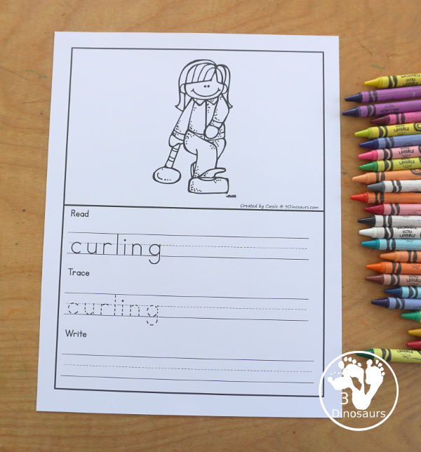 Free Winter Sports Words Book has 9 different winter sports with coloring the pictures, reading the words, tracing the words and writing the words. Plus a simple winter sports cover page. - 3Dinosaurs.com