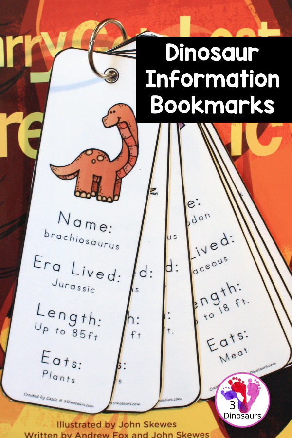 Free 7 Fun Dinosaur Information Bookmarks For Kids - with write in dinosaur information or dinosaur information filled. You can use the bookmark that works best for your kids.  - 3Dinosaurs.com