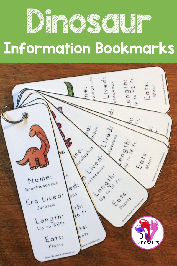 Free 7 Fun Dinosaur Information Bookmarks For Kids - with write in dinosaur information or dinosaur information filled. You can use the bookmark that works best for your kids.  - 3Dinosaurs.com