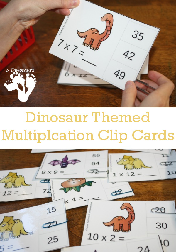 Free Dinosaur Themed Multiplication Clip Cards - 10 pages of free clip cards multiplication 1 through 12 numbers - 3Dinosaurs.com