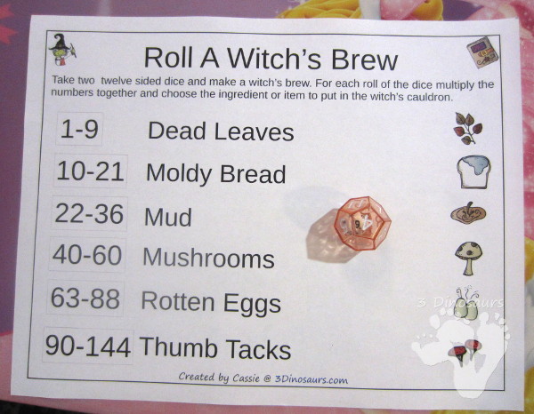 Free Roll A Witch's Brew Printable - 3 Levels of learning: counting, addition, and multiplication - 3Dinosaurs.com