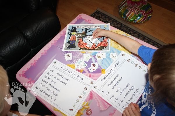 Free Roll A Witch's Brew Printable - 3 Levels of learning: counting, addition, and multiplication - 3Dinosaurs.com