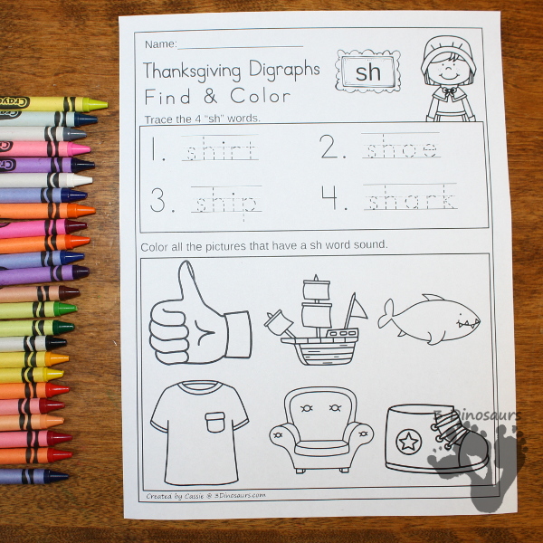 FREE No Prep Thanksgiving Digraph Find & Color: for beginning digraph: ch, sh, th and wh - 3Dinosaurs.com