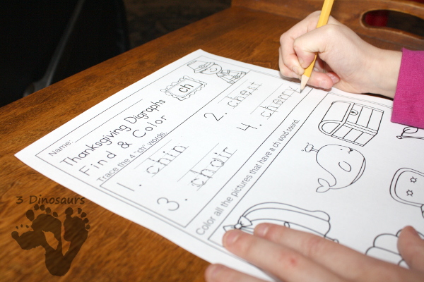 FREE No Prep Thanksgiving Digraph Find & Color: for beginning digraph: ch, sh, th and wh - 3Dinosaurs.com