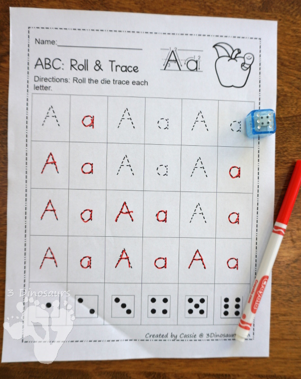No-Prep ABC Roll & Trace - Uppercase and lowercase on one page with three tracing options $ - 3Dinosaurs.com