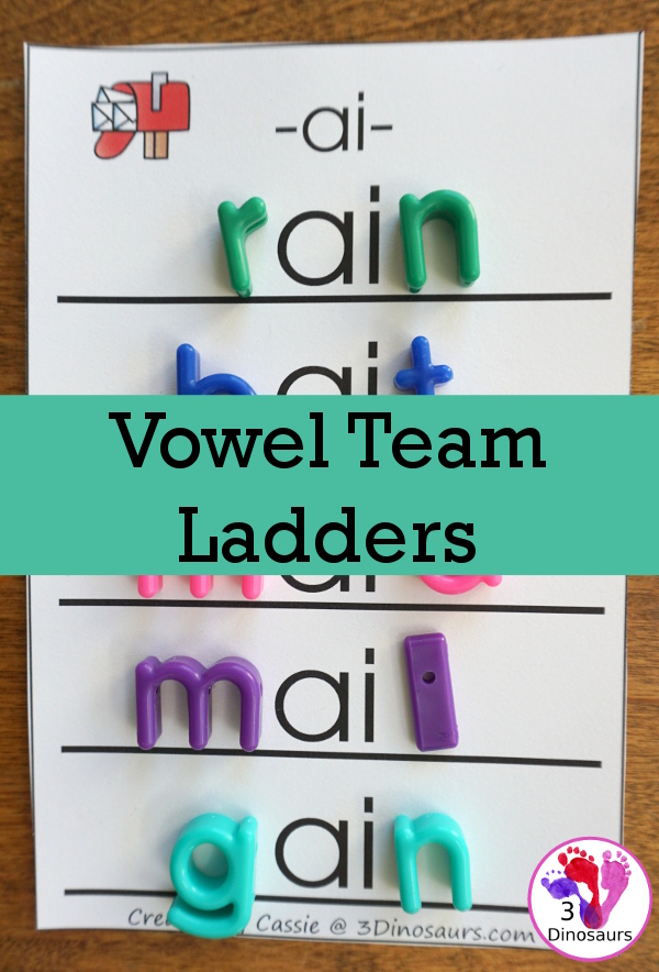 Free Fun Hands-On Vowel Team Ladders - 6 pages of printables - 3Dinosaurs.com