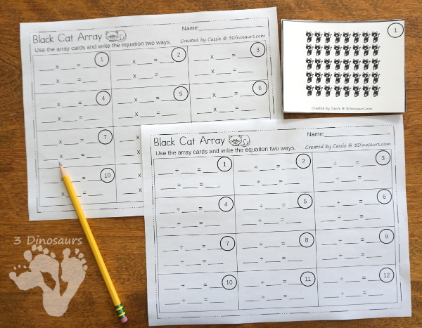 Free Black Cat Themed Array Cards with Matching Worksheets - 12 cards with 5 matching worksheets to use with them - 3Dinosaurs.com #arrays #mathforkids #thirdgrade #blackcatthemed #freeprintable #halloween