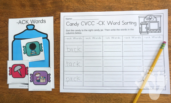 Hands-On Fun With Candy Themed CVCC -CK Word Sorting - 15 cards and 5 sorting mats with matching worksheet - 3Dinosaurs.com #freeprintable #cvcc #endingblends #learningtoread