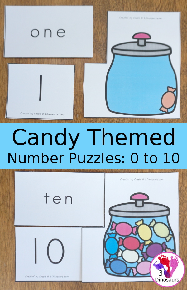 Free Hands-On Learning With Candy Number Puzzles - numbers 0 to 10 with number digit, number word, and matching candy in a jar - 3Dinosaurs.com #freeprintable #numbers #kindergarten #prek