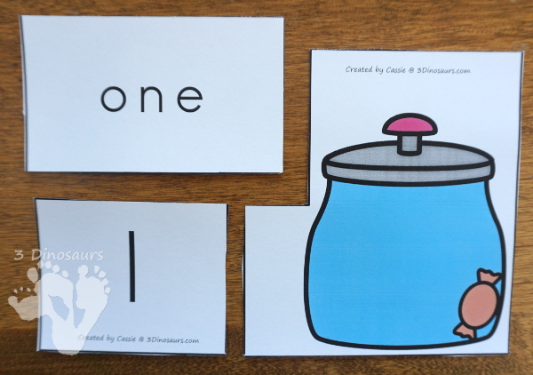 Free Hands-On Learning With Candy Number Puzzles - numbers 0 to 10 with number digit, number word, and matching candy in a jar - 3Dinosaurs.com #freeprintable #numbers #kindergarten #prek