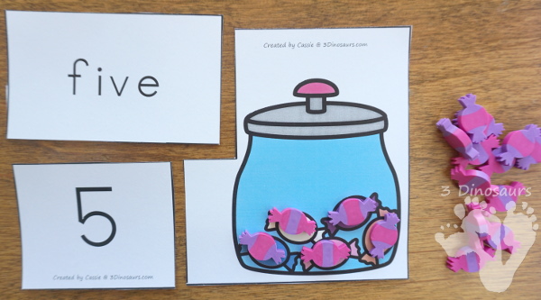 Free Hands-On Learning With Candy Number Puzzles - numbers 0 to 10 with number digit, number word, and matching candy in a jar - 3Dinosaurs.com #freeprintable #numbers #kindergarten #prek
