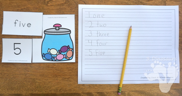 Free Hands-On Learning With Candy Number Puzzles - numbers 0 to 10 with number digit, number word, and matching candy in a jar - 3Dinosaurs.com #freeprintable #numbers #kindergarten #prek