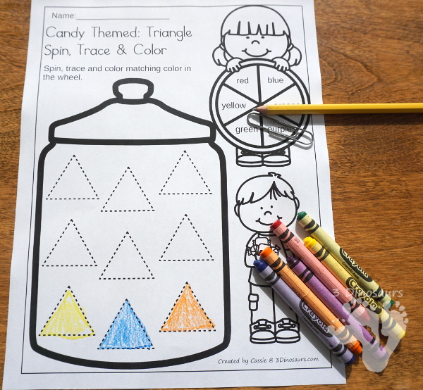 Free Candy Shape Spin, Trace & Color - with 8 shapes in the jars in a no-prep printable for kids. - 3Dinosaurs.com #freeprintable #finemotor #shapes #preschool #kinder