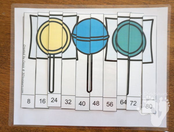 Free Hands-On Candy Themed Skip Counting by 8 Puzzles - work on skip counting by 8 with these fun puzzles. - 3Dinosaurs.com #freeprintable #mathforkids #skipcounting #3dinosaurs