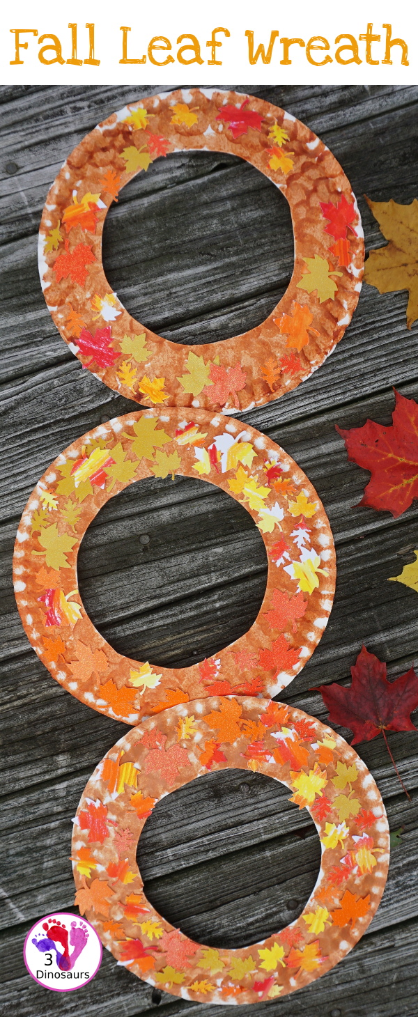 Fall Leaf Themed Wreath - fun wreath that kids can make with oil pastels and leaf punches - 3Dinosaurs.com 