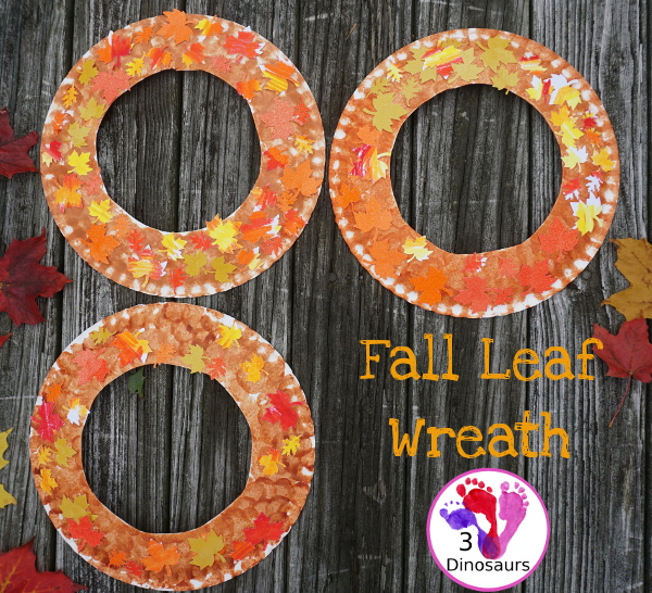 Fall Leaf Themed Wreath - fun wreath that kids can make with oil pastels and leaf punches - 3Dinosaurs.com 
