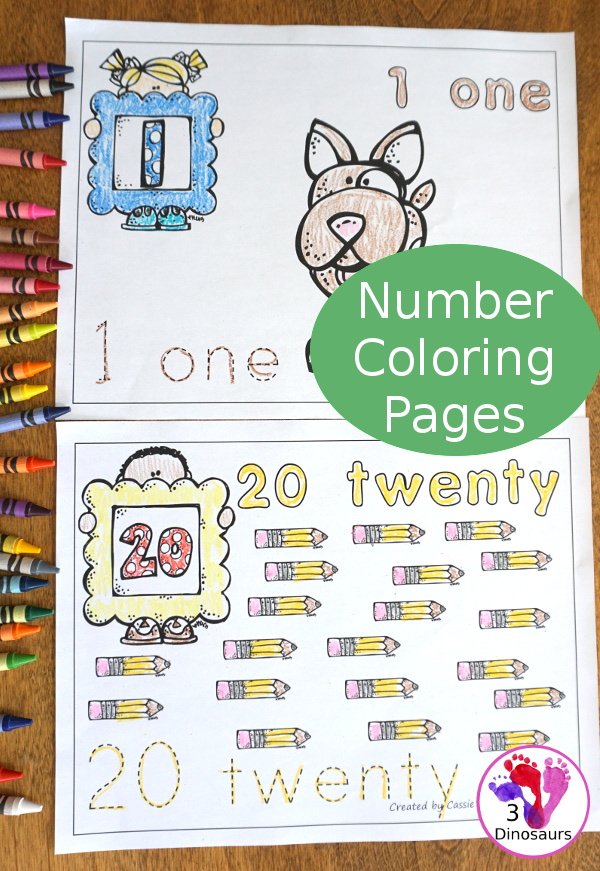 Free Number Coloring Pages - numbers 0 to 20 with easy no-prep pages to print with coloring the number, tracing the number and counting the items on the number coloring worksheet - 3Dinosaurs.com