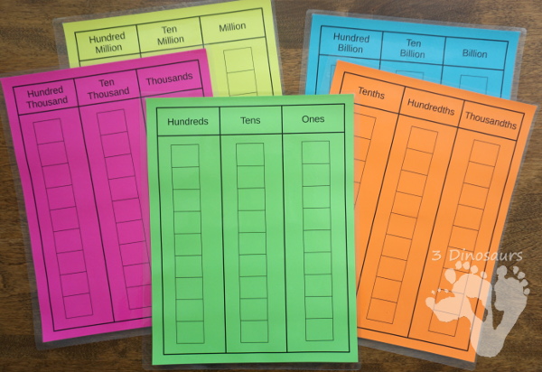 Free Place Value Mats & Place Value Number Cards - charts and cards for place value from ones to billions with tenths, hundredths and thousandths for decimals - 3Dinosaurs.com #freeprintable #handsonmath #mathprintables #firstgrade #secondgrade #thirdgrade #fourthgrade