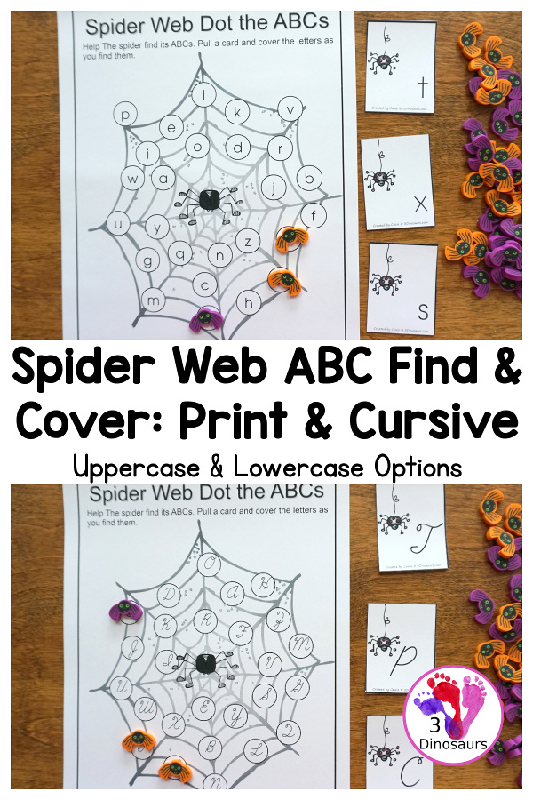 Free ABC Find and Cover Spider Webs: Print & Cursive - 4 find matches in print and cursive in uppercase and lowercase letters with matching cards for all the mats - 3Dinosaurs.com #abcs #print #cursive #kindergarten #thirdgrade #spidertheme #freeprintable #halloween