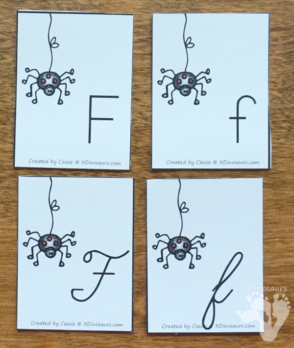 Free ABC Find and Cover Spider Webs: Print & Cursive - 4 find matches in print and cursive in uppercase and lowercase letters with matching cards for all the mats - 3Dinosaurs.com #abcs #print #cursive #kindergarten #thirdgrade #spidertheme #freeprintable #halloween