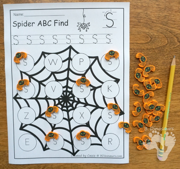 Free ABC Find and Cover Spider Webs: Print & Cursive - 4 find matchs in print and cursive in uppercase and lowercase leters with matching cards for all the mats - 3Dinosaurs.com #abcs #print #cursive #kindergarten #thirdgrade #spidertheme #freeprintable #halloween
