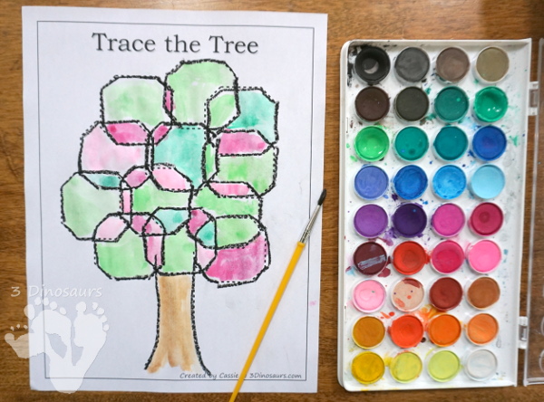 Free Tree Shape Trace and Color - with 12 shapes to trace for the leaves - 3Dinosaurs.com #freeprintable #finemotor #shapes #preschool #kinder