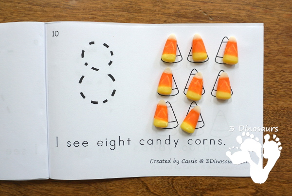 Free Candy Corn Counting Easy Reader Book - 2 sets of cards with a recording sheet and sorting mat for hands-on learning - 3Dinosaurs.com #printablesforkids  #freeprintable #3dinosaurs #easyreaderbook #3dinosaurs #kindergarten 