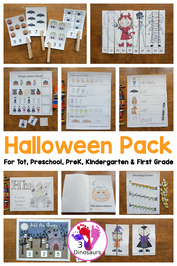 Free Halloween Pack For Tot, Preschool, PreK & Kindergarten - fun printables with a mix of activities with cards, puzzles, hands-on activities and more with a fun Halloween theme that can be used with the book There was an Old Lady who Swallowed a Bat Over 110 pages - 3Dinosaurs.com