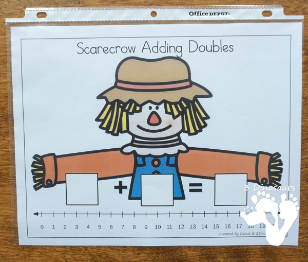 Free Scarecrow Adding Doubles Mini Set - fun way to work on adding doubles from 1 to 10 with a mix of matching cards, no-prep cover mats and hands-on adding mat for first grade - 3Dinosaurs.com