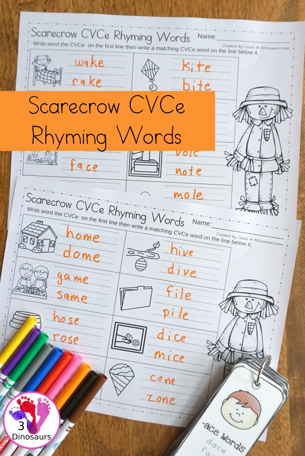Free Scarecrow CVCe No-Prep Worksheet - 2 no-prep printable worksheets that working figuring out the CVCe word and then writing a rhyming word - 3Dinosaurs.com