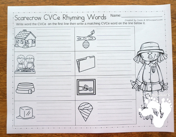 Free Scarecrow CVCe No-Prep Worksheet - 2 no-prep printable worksheets that working figuring out the CVCe word and then writing a rhyming word - 3Dinosaurs.com